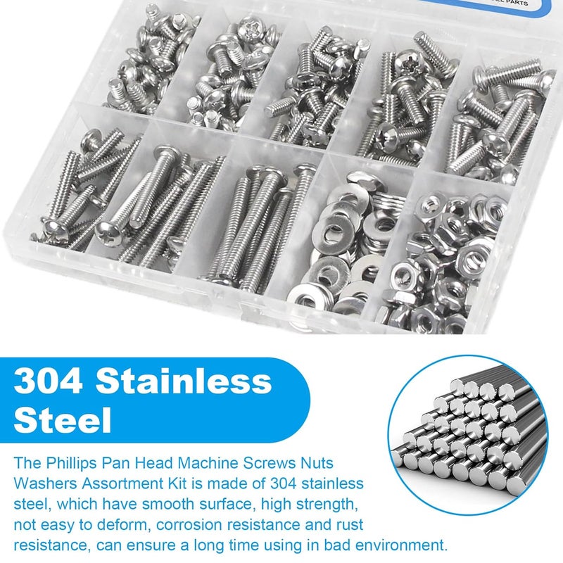 Yinpecly 200pcs #8-32 Phillips Pan Head Machine Screws Nuts Washers Assortment Kit,304 Stainless Steel, Coarse Thread, Fully Machine Thread(#8-32x 1/4", 5/16", 3/8", 1/2", 5/8", 3/4", 1", 1-1/4") - Image 4